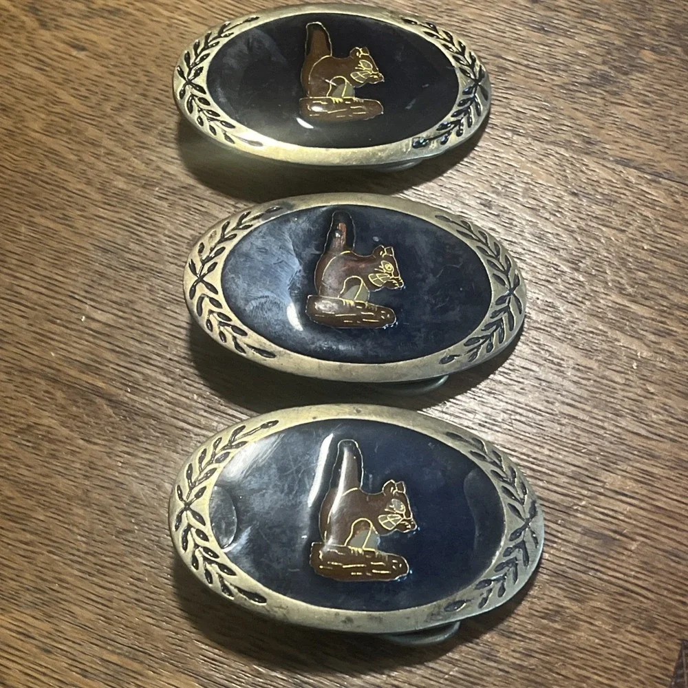 VTG Beaver Emblem Belt Buckle Lot of 3 Gold Tone Blue Enamel Brass 1980s Set